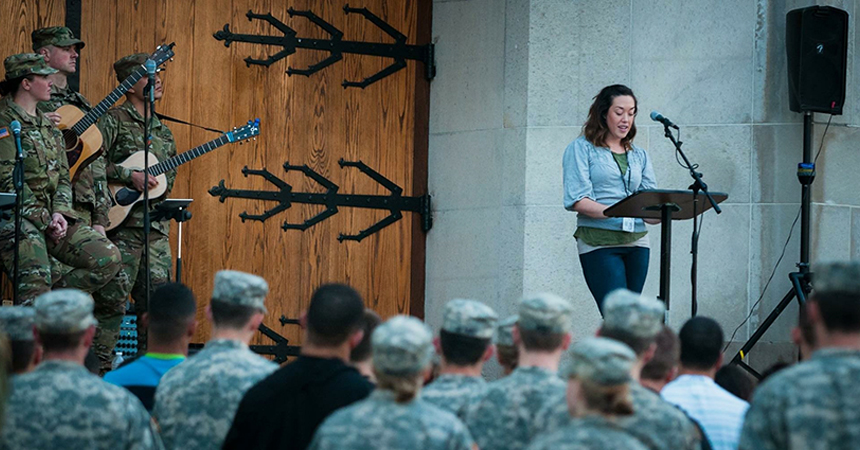 Valerie speaking to a crowd